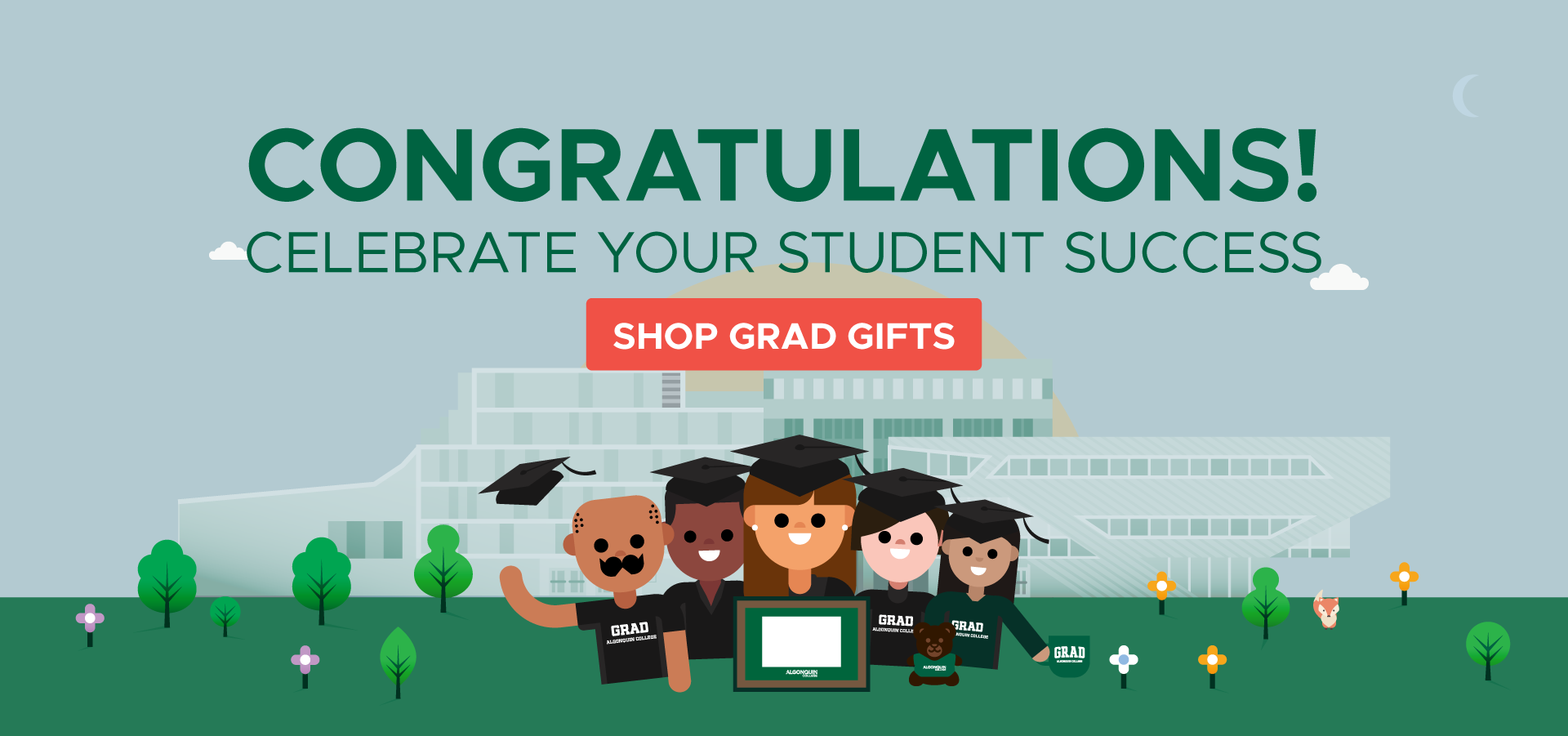 Cartoon graduates in caps and gowns celebrating in front of a modern campus building. If you want an even tighter version, I can make ultra‑short alt text or a medium‑length version.’