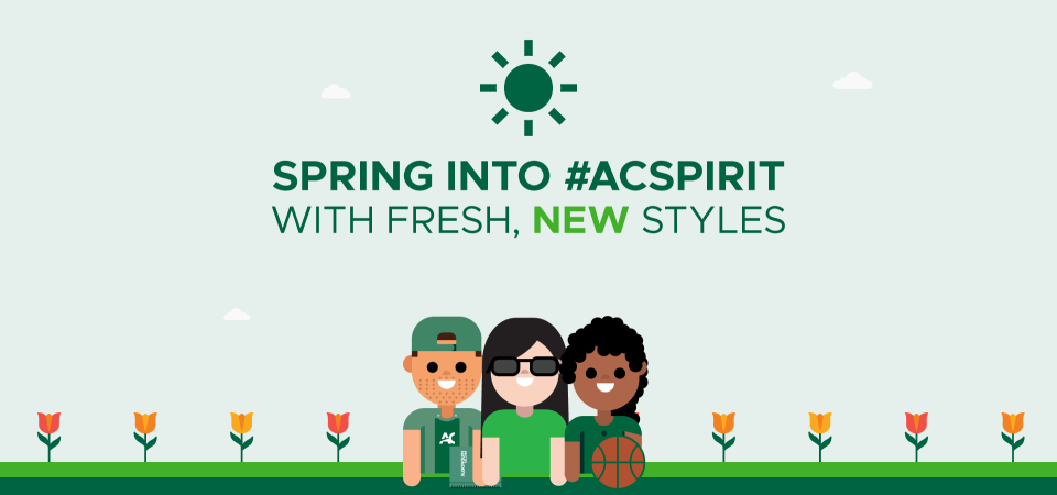 Spring-themed Algonquin College graphic with a sun, clouds, and the text “Spring into #ACSpirit with fresh, new styles.” Three cartoon characters stand in front of red and yellow tulips: one holding an AC pennant, one wearing sunglasses, and one holding a basketball.