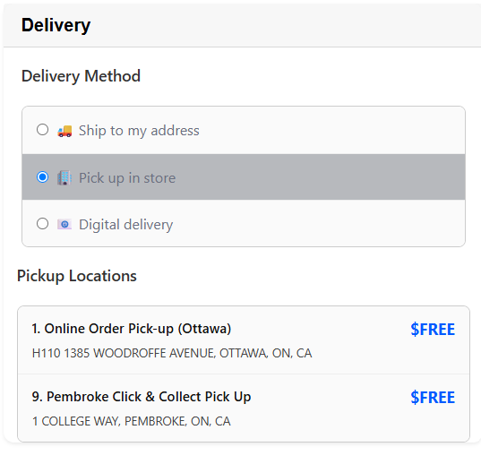 select shipping options